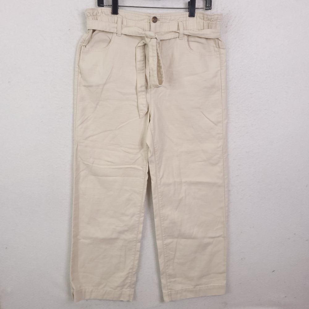 J.Crew Paperbag Waist Pants Womens 12 Beige Cotton Straight Leg CL241 Tie Belt